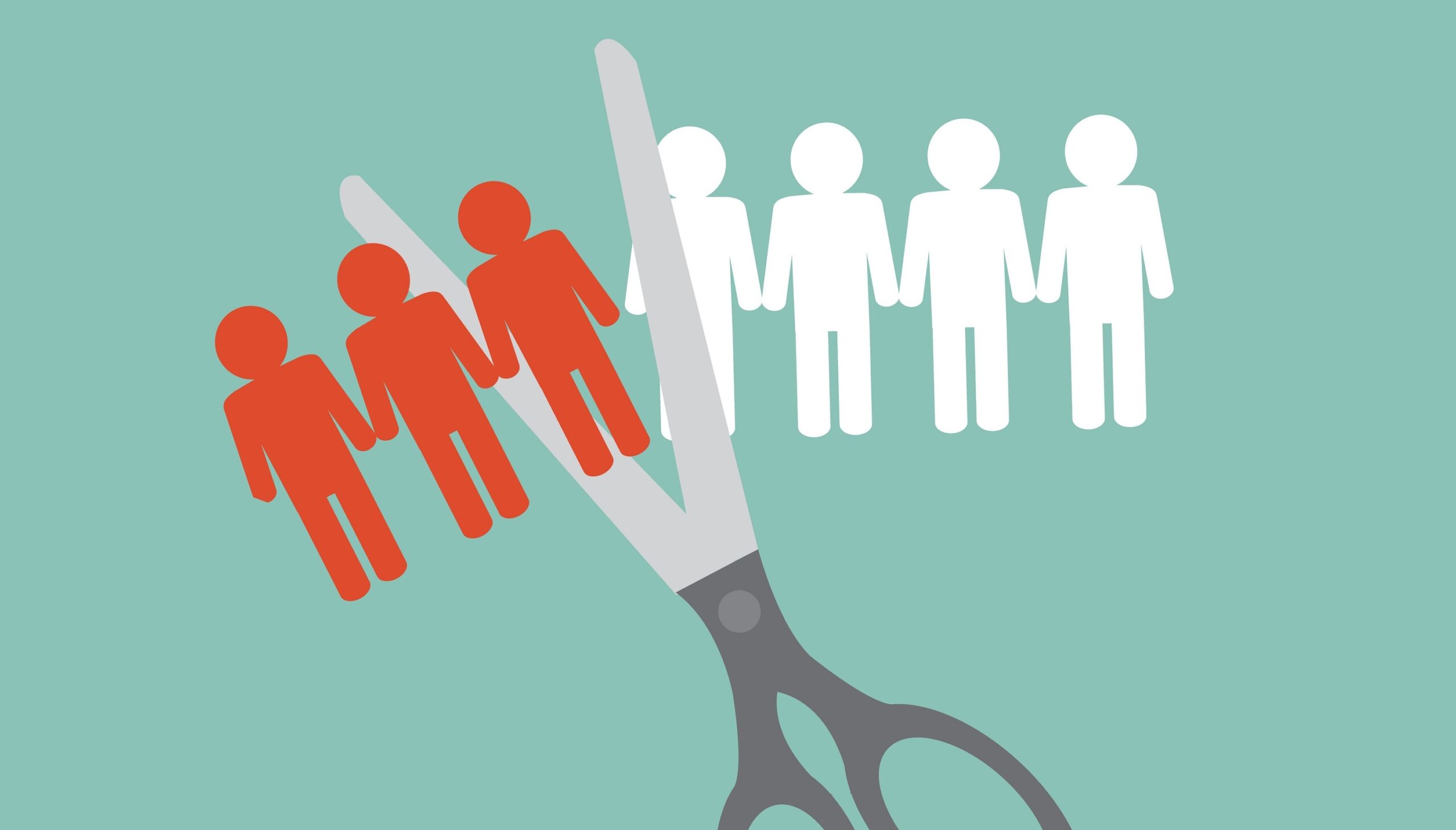 Illustration of scissors cutting out red figures from a group, symbolising workplace harassment and the need for proper documentation.